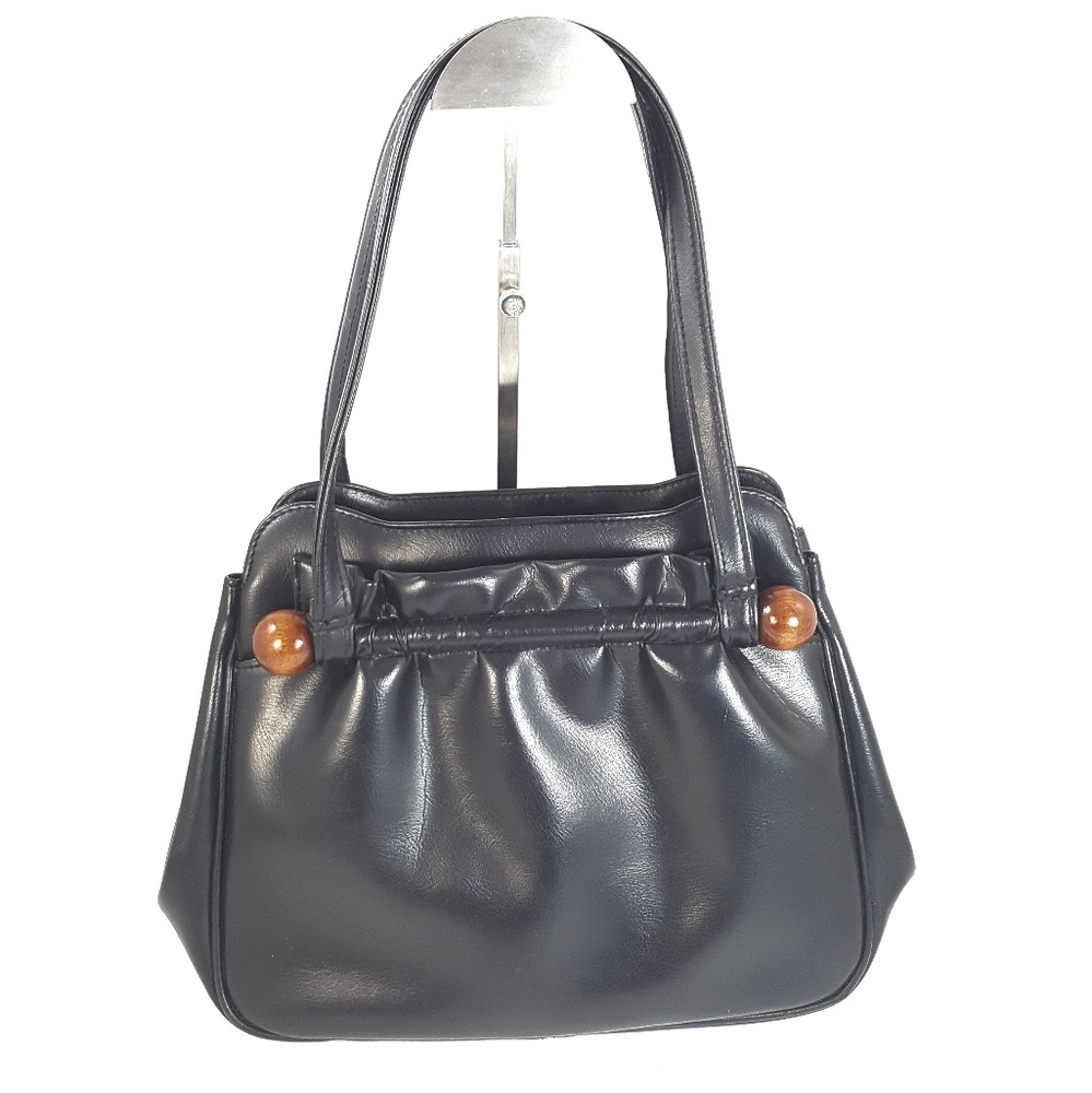Vtg Black Leather Snap Closure Handbag Purse